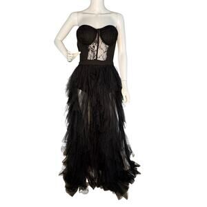 Maxi Dress Size L Strapless Corset Tiered Tulle Whimsigoth Coquette Black